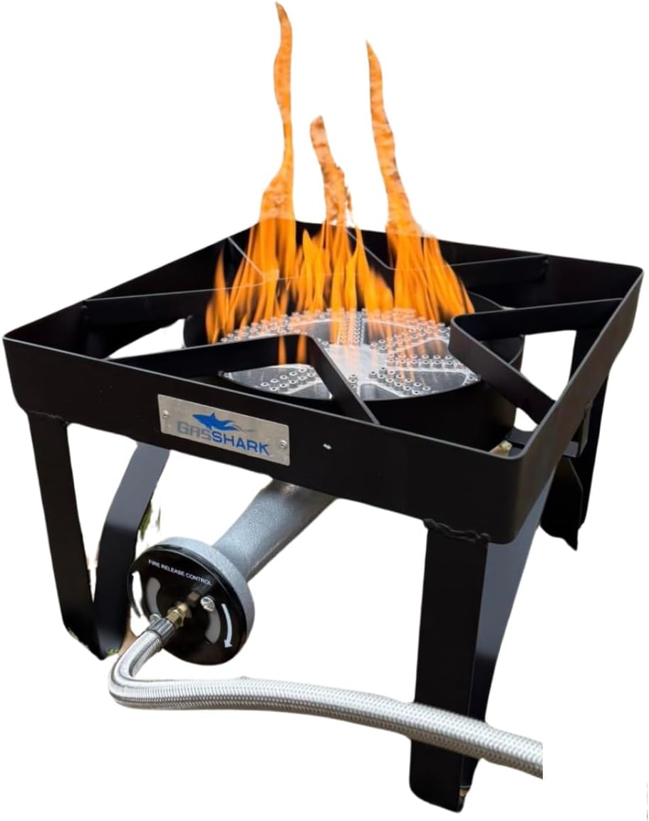 200,000 BTU Outdoor Propane Gas Burner Stove | High Pressure Steel Braided Hose with Adjustable Regulator 0-20 PSI | High-Performance Burner for Outdoor Cooking, Frying, Boiling, and Tailgating
